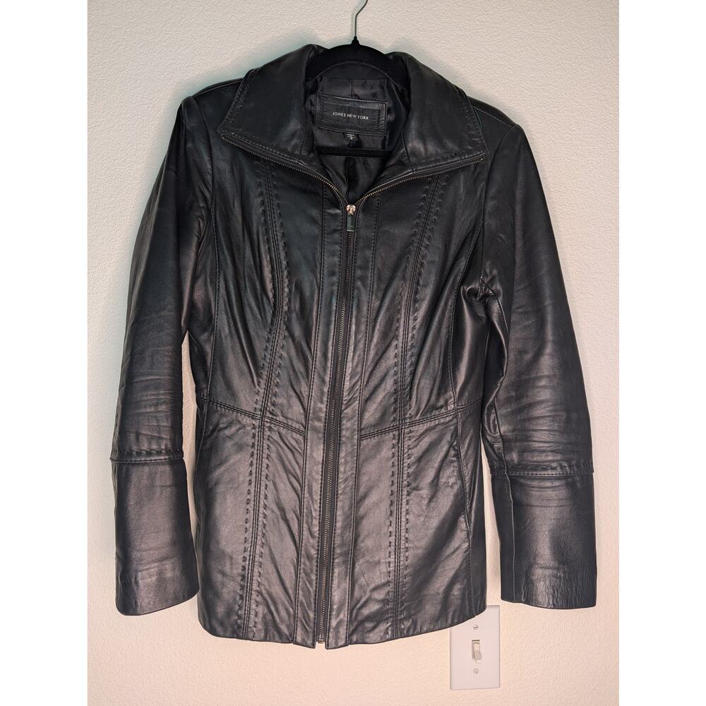Jones New York Women's Stitched Detail Genuine Leather Jacket S Soft Chic Supple